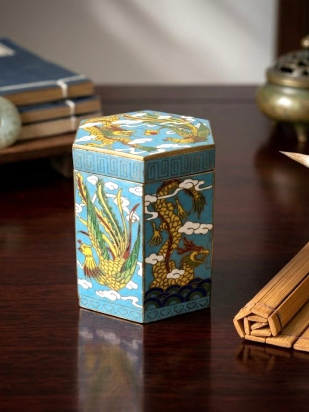 Vintage Mid-Century Hexagonal Cloisonne Canister Jar Dragon & Phoenix Hallmarked